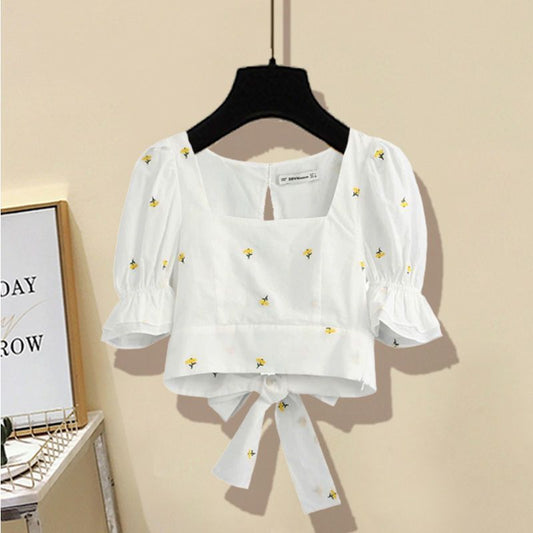 Women Sweet Fashion Floral Embroidery Cropped Blouses