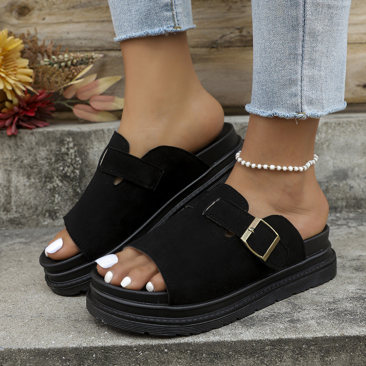 Summer Buckle Flats Sandals Fashion Fish Mouth Thick Bottom Slippers For Women Outdoor Non-slip Slides