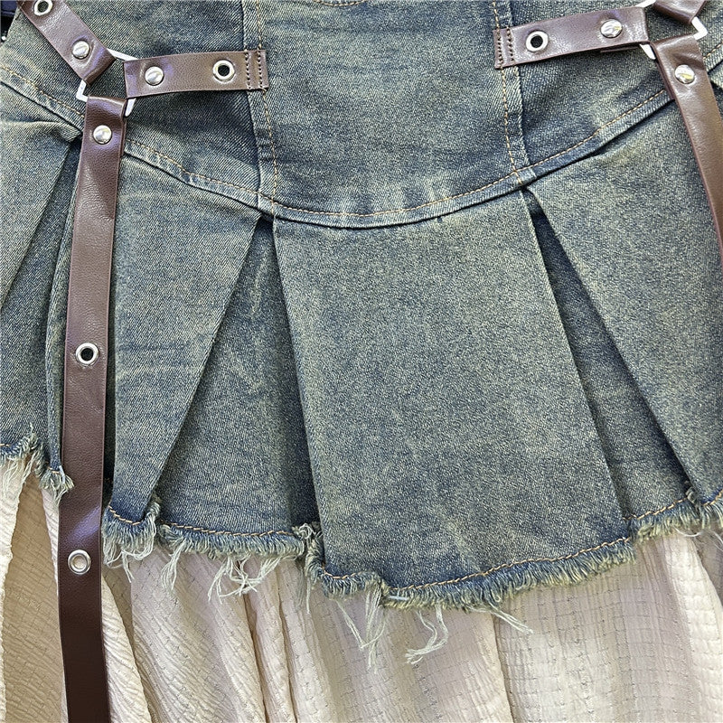 Retro Patchwork Denim Pleated Skirt