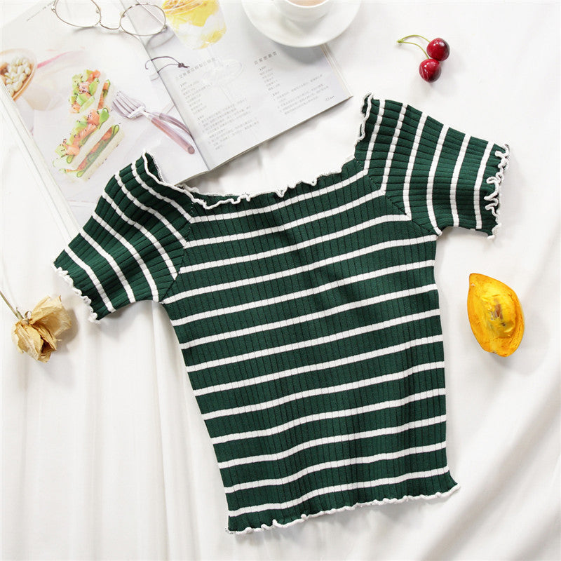 Women T-Shirts Knitting Stripes Off Shoulder Flounce Hem Tees