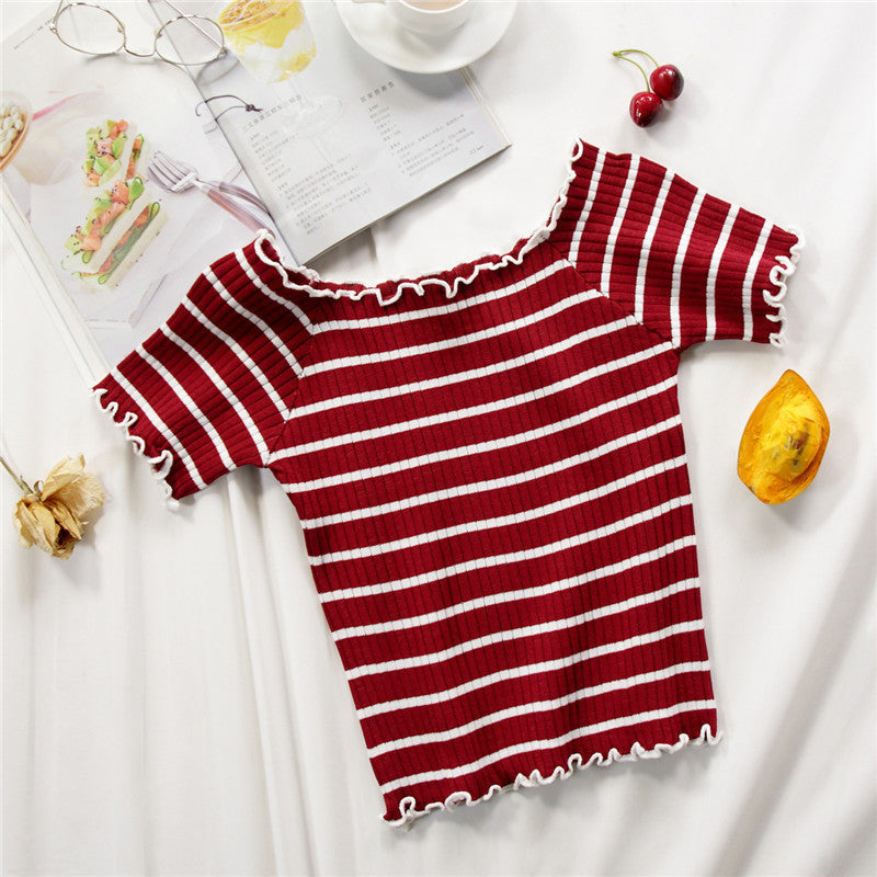 Women T-Shirts Knitting Stripes Off Shoulder Flounce Hem Tees