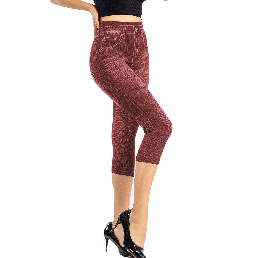 Stretch Bottoming Cropped Slim Fit Hip Raise Printed Jeans For Women