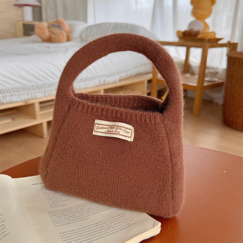 Fashion Solid Color Woolen Yarn Bag Portable Small Carrying Bag Women