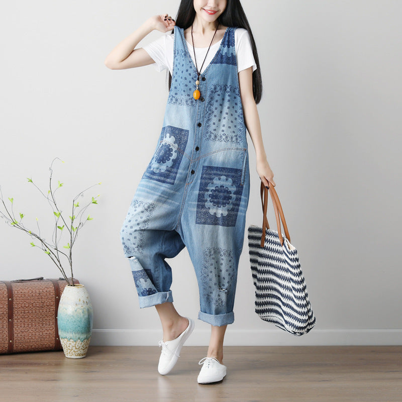 Sleeveless Washed Printed Plus Size Ripped Denim Suspender Pants