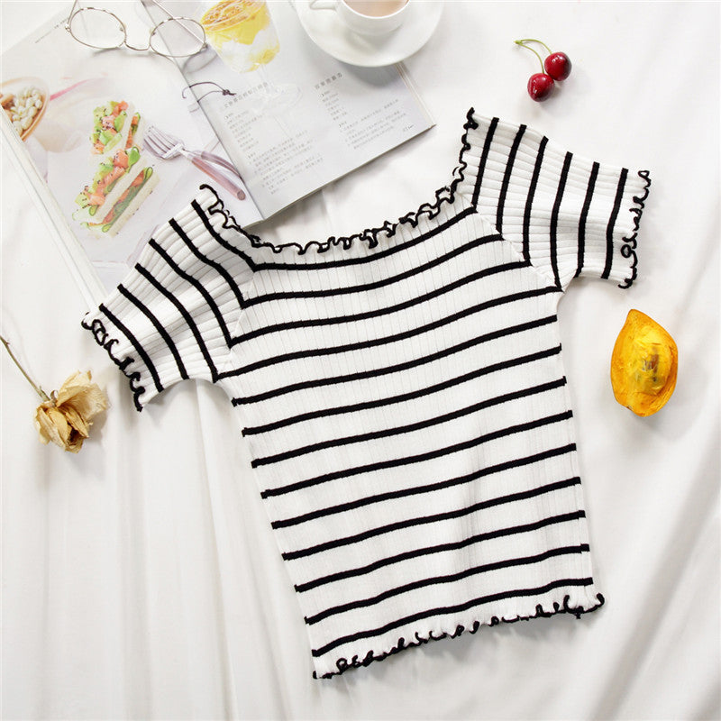 Women T-Shirts Knitting Stripes Off Shoulder Flounce Hem Tees