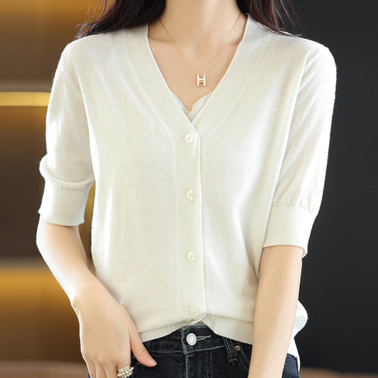 Knit Cardigan Thin Solid Color Basic Commuter Bottoming Top