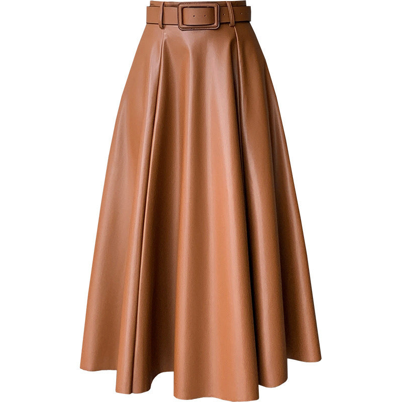 Women's A- Line High Waist Leather Skirt Midi Skirt