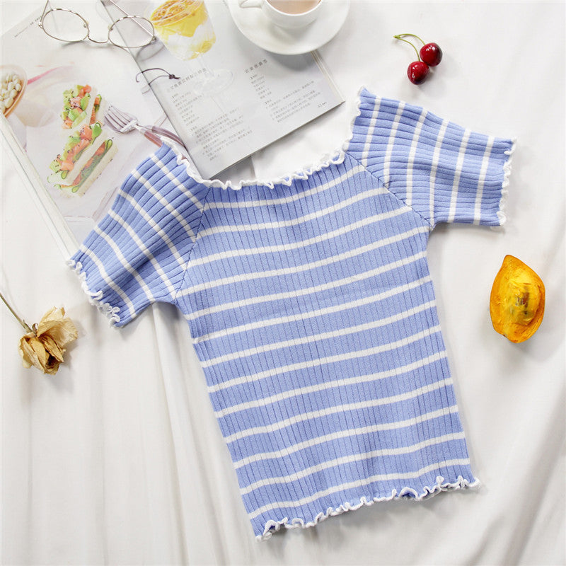 Women T-Shirts Knitting Stripes Off Shoulder Flounce Hem Tees