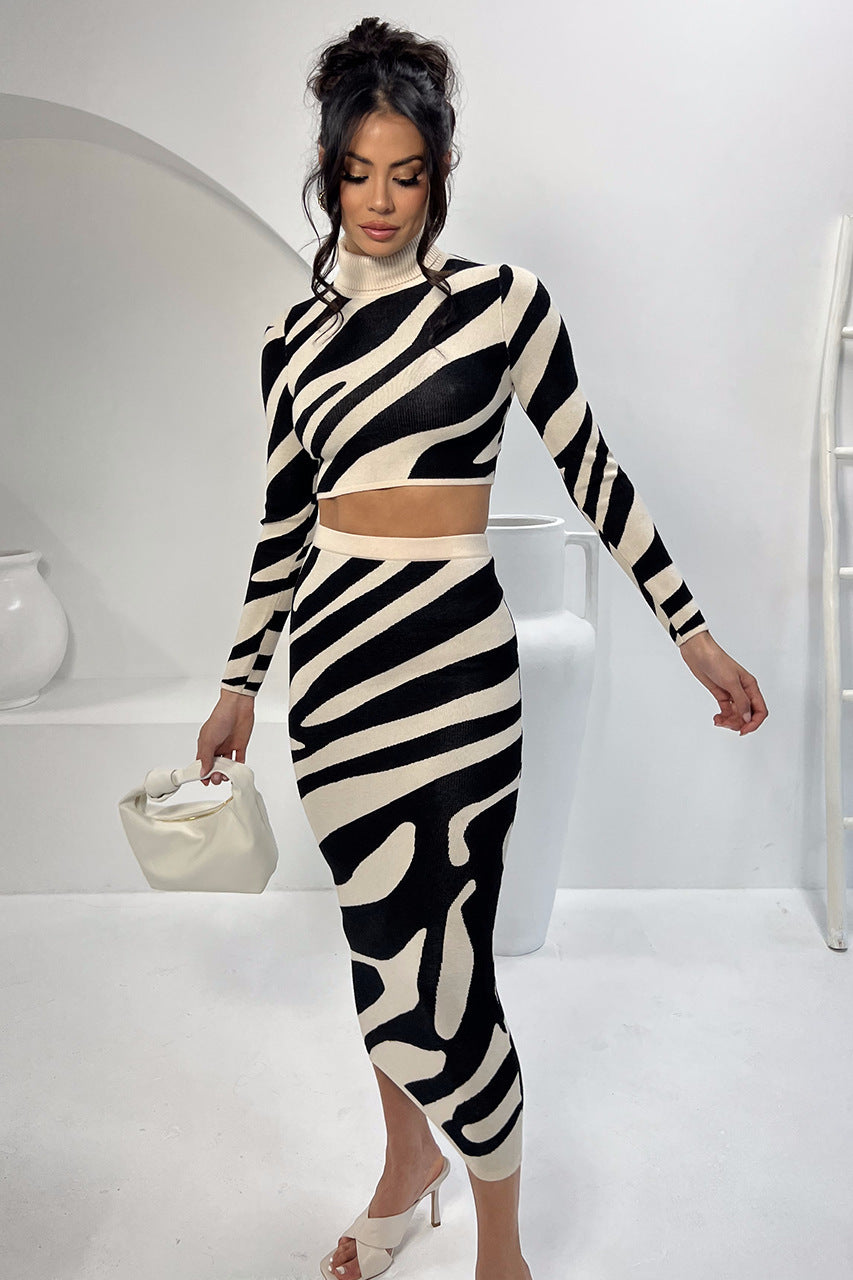 Top Striped Slim-fit Sheath Skirt Knitting Suit