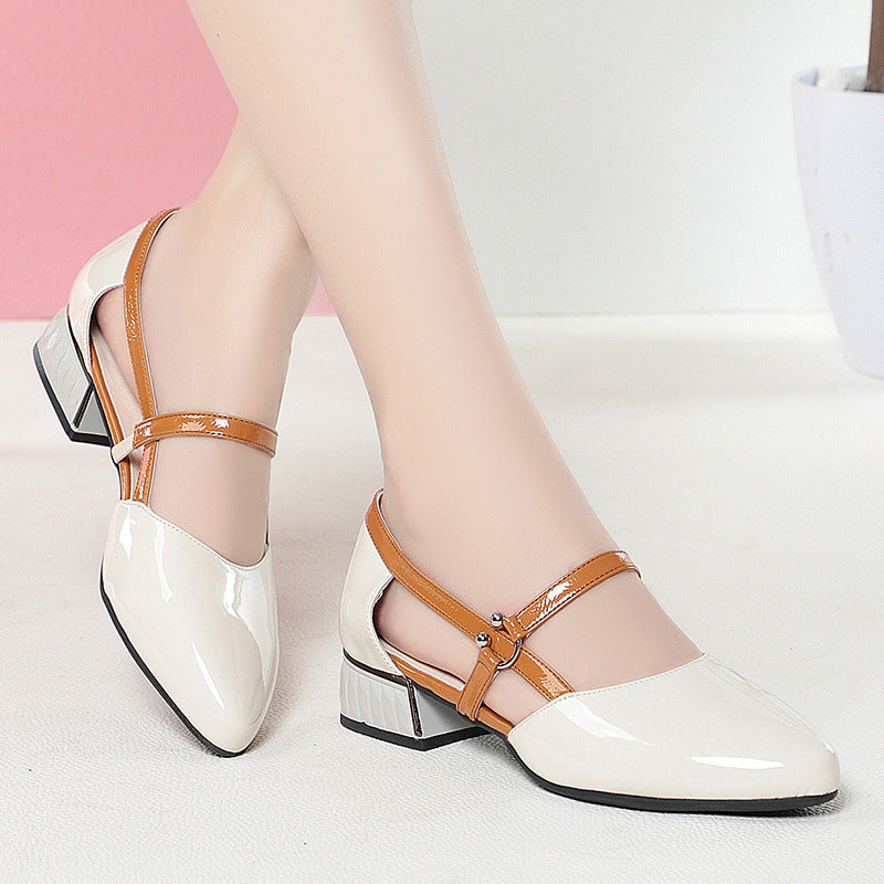 Bright Leather Soft Bottom Contrast Color Hollow Leather Shoes Women's Sandals