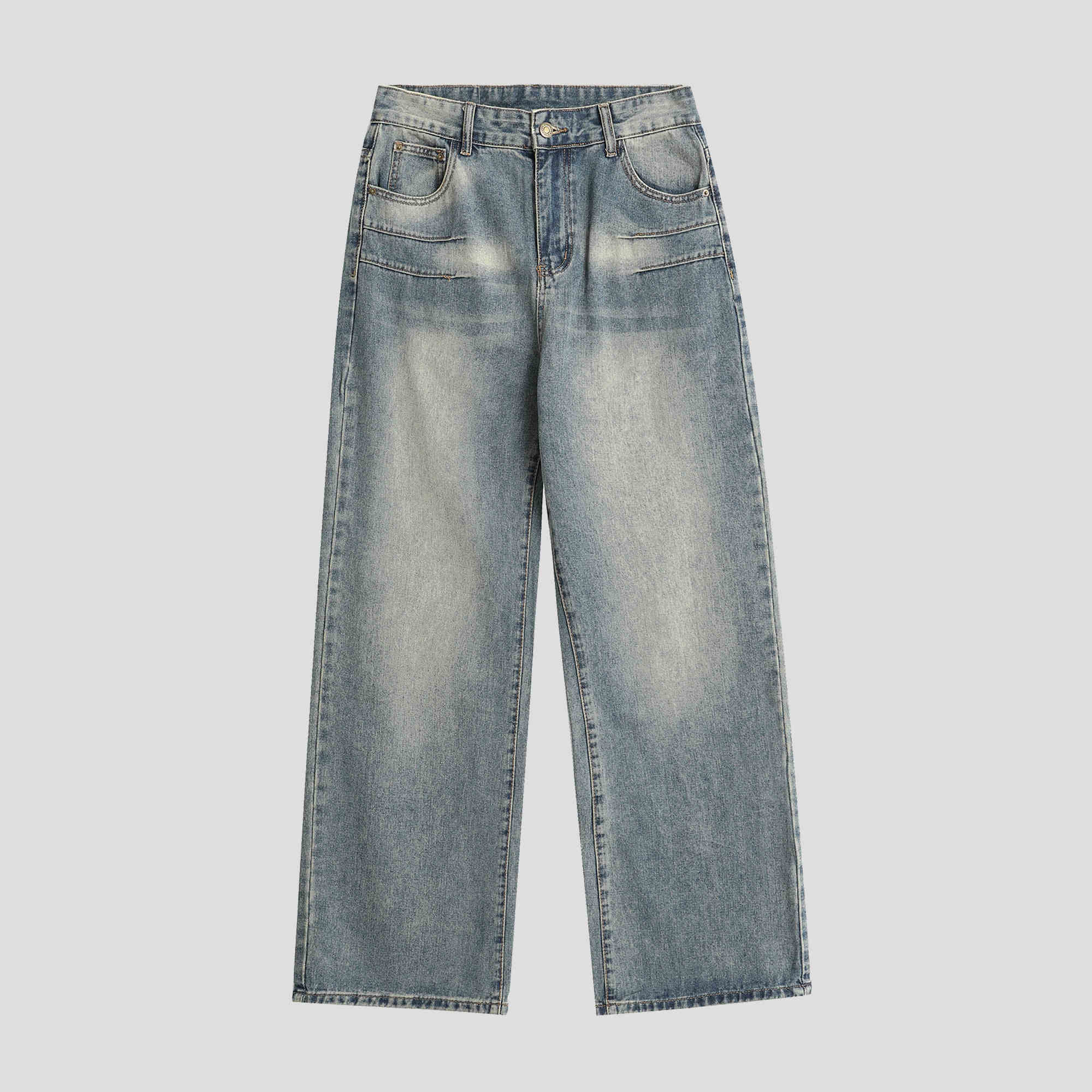 Worn Looking Washed-out Blue Jeans Loose Straight Trousers