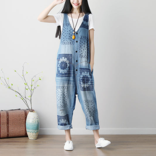 Sleeveless Washed Printed Plus Size Ripped Denim Suspender Pants