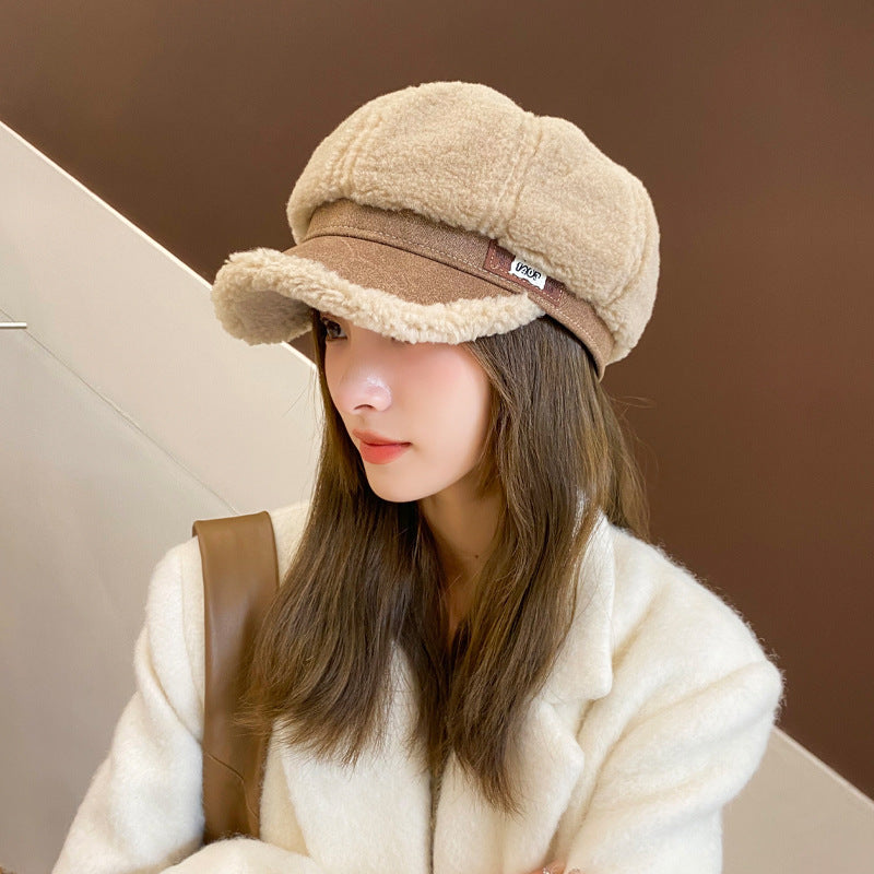 Faux Cashmere Fashion Leather Tag Octagonal Winter Warm Peaked Cap