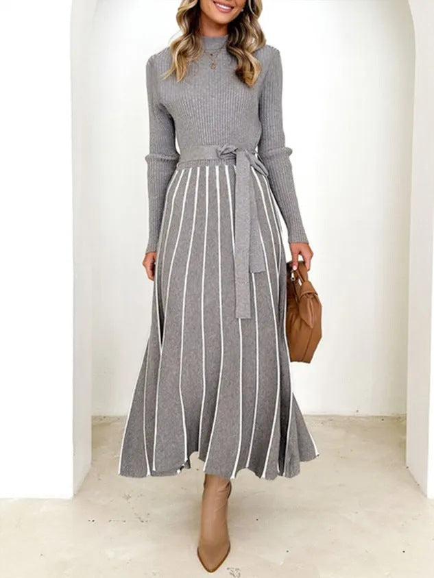 Inner Wear Base Woolen Skirt Over The Knee Stripes Knitted Dress