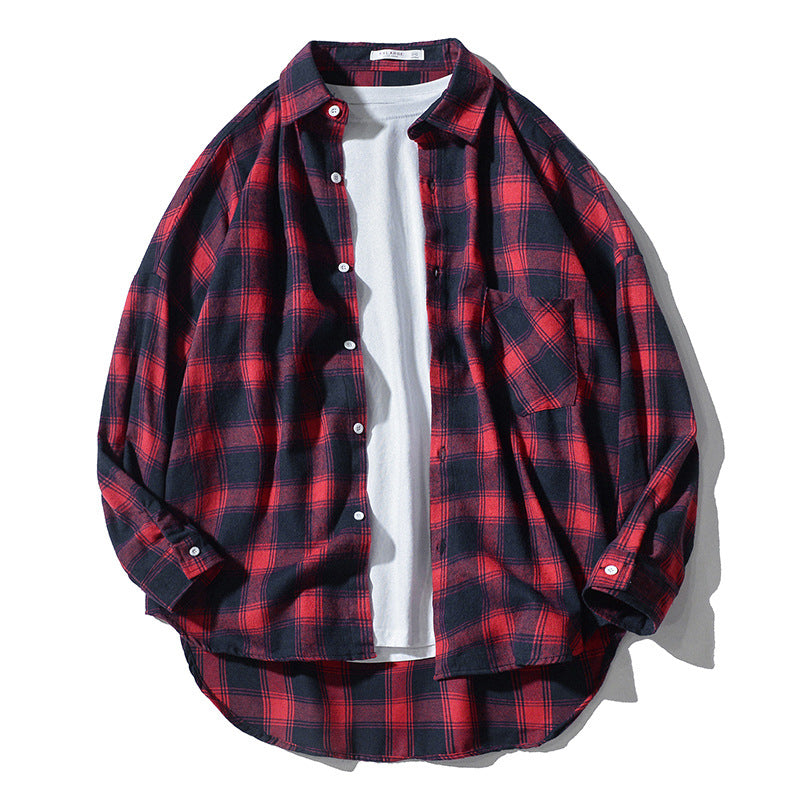 Japanese Style Plaid Long Sleeve Shirt Men Loose-fitting Workwear Jacket