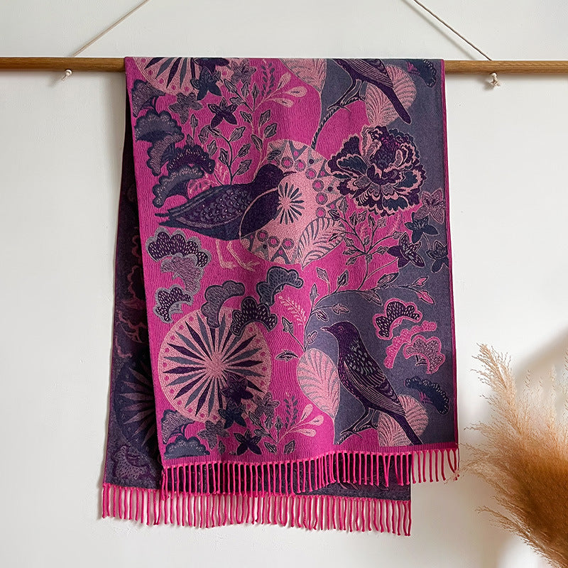 Season Ethnic Birds And Plants Collision Combination Elegant Going Out Cashmere-like Warm Scarf Shawl For Women