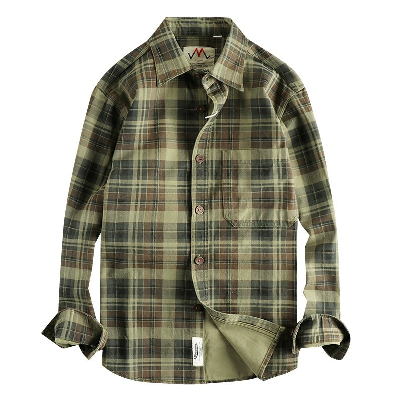 Thick Texture Washed Fashionable Plaid Long-sleeved Shirt For Men