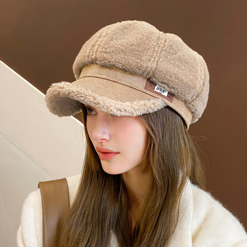 Faux Cashmere Fashion Leather Tag Octagonal Winter Warm Peaked Cap