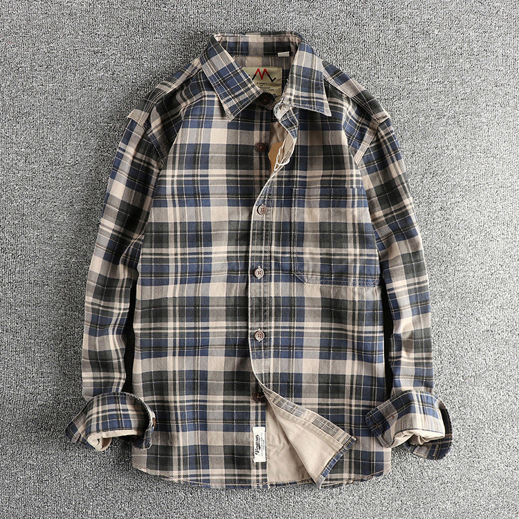 Thick Texture Washed Fashionable Plaid Long-sleeved Shirt For Men