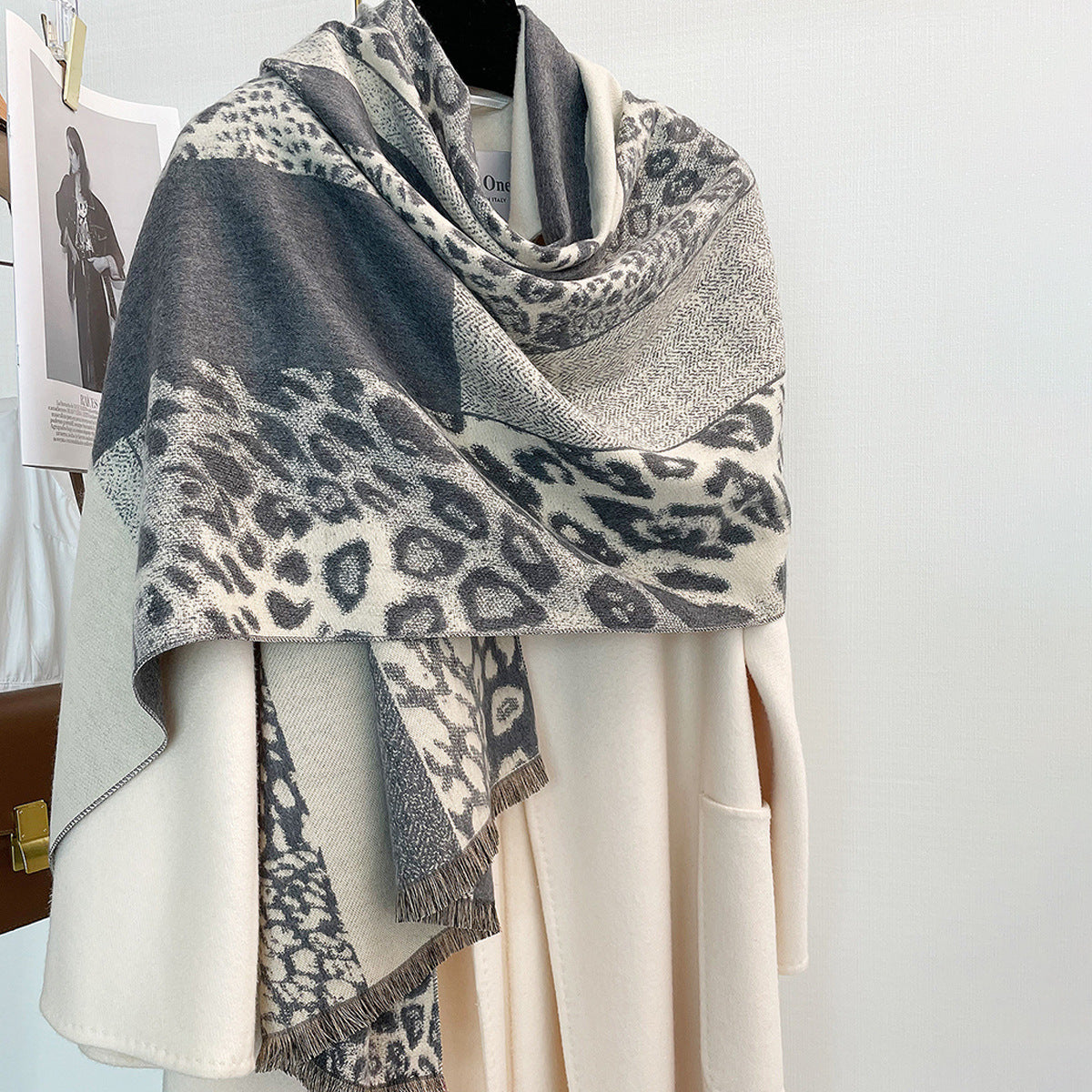 Autumn And Winter Color-blocking Leopard Print Thick Warm Temperament Shawl Atmosphere Scarf