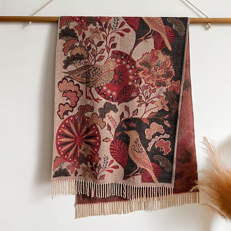 Season Ethnic Birds And Plants Collision Combination Elegant Going Out Cashmere-like Warm Scarf Shawl For Women