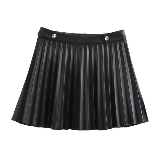 Autumn New Women's High Waist Slimming Faux Leather Wide Pleated Skirt