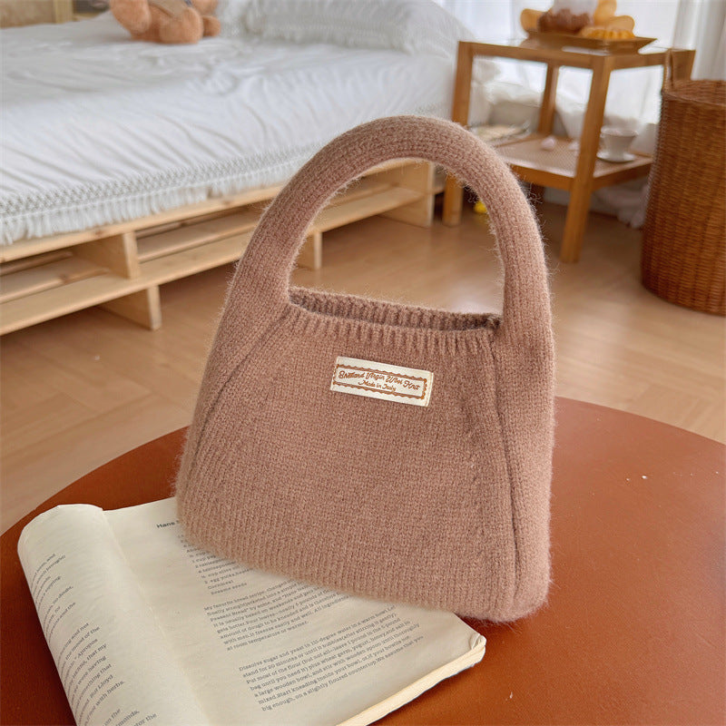 Fashion Solid Color Woolen Yarn Bag Portable Small Carrying Bag Women