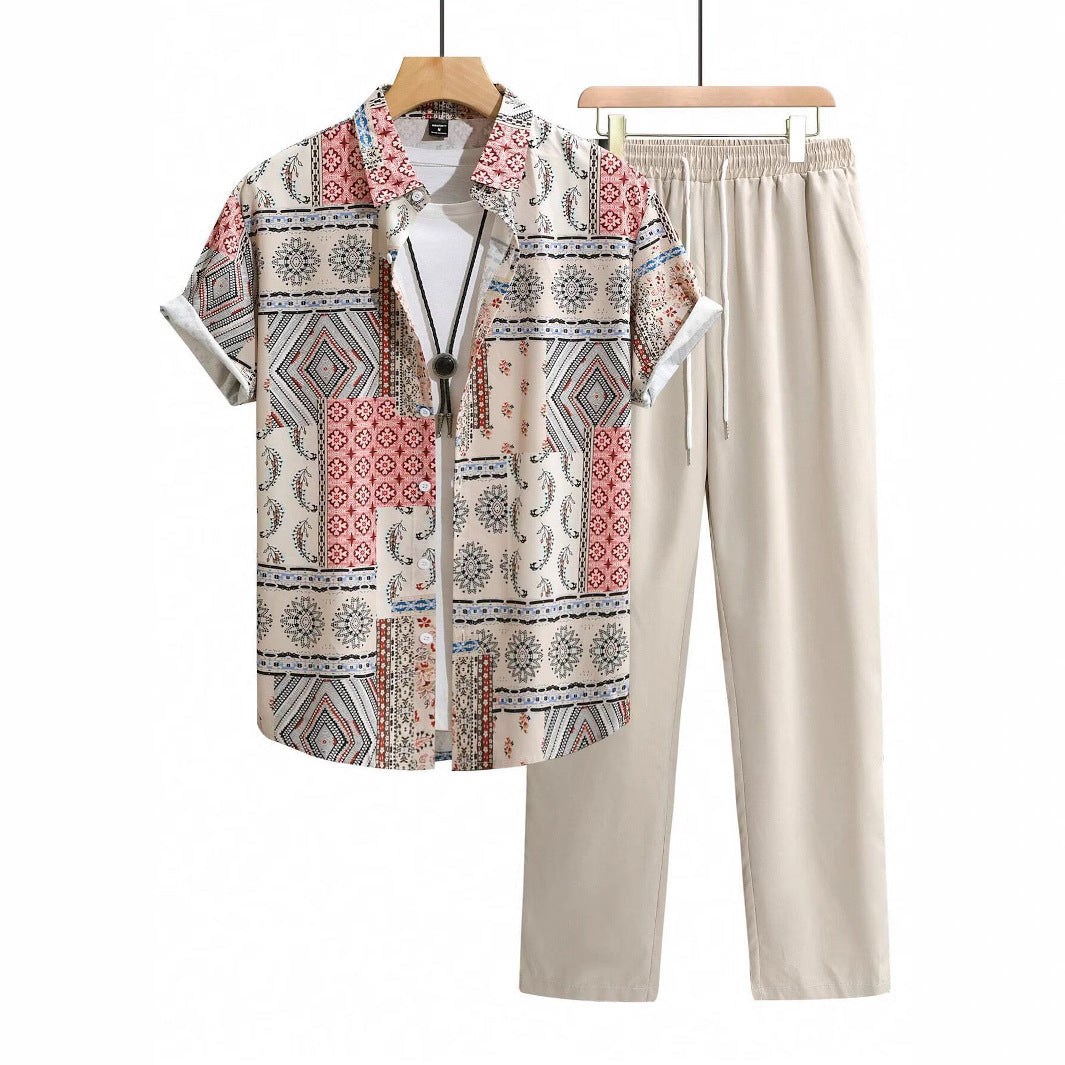 Casual Ethnic Style Short Sleeve Shirt Trousers Suit