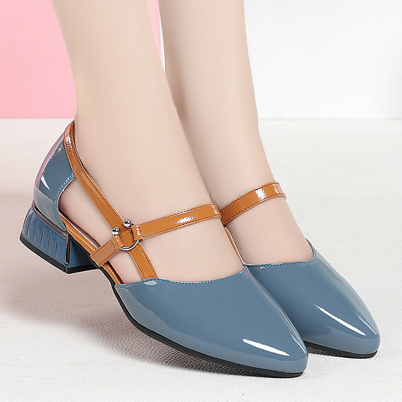 Bright Leather Soft Bottom Contrast Color Hollow Leather Shoes Women's Sandals