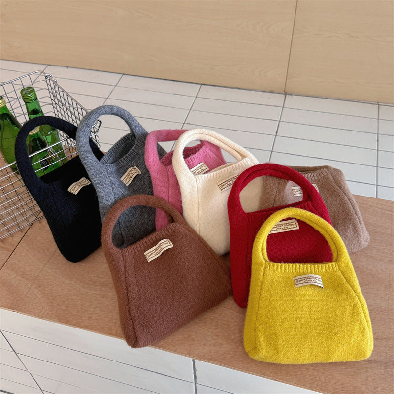 Fashion Solid Color Woolen Yarn Bag Portable Small Carrying Bag Women