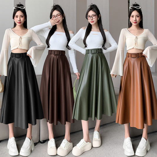 Women's A- Line High Waist Leather Skirt Midi Skirt