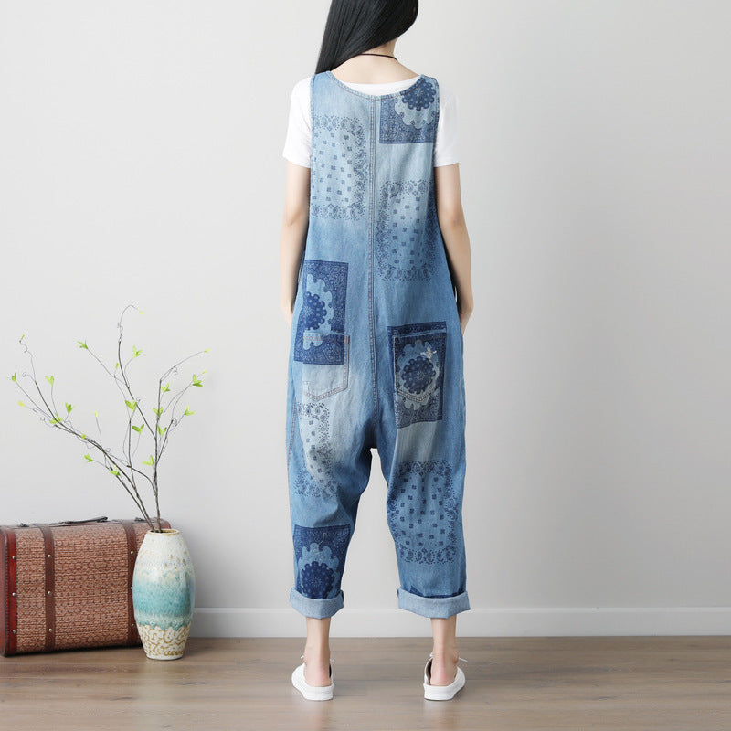 Sleeveless Washed Printed Plus Size Ripped Denim Suspender Pants