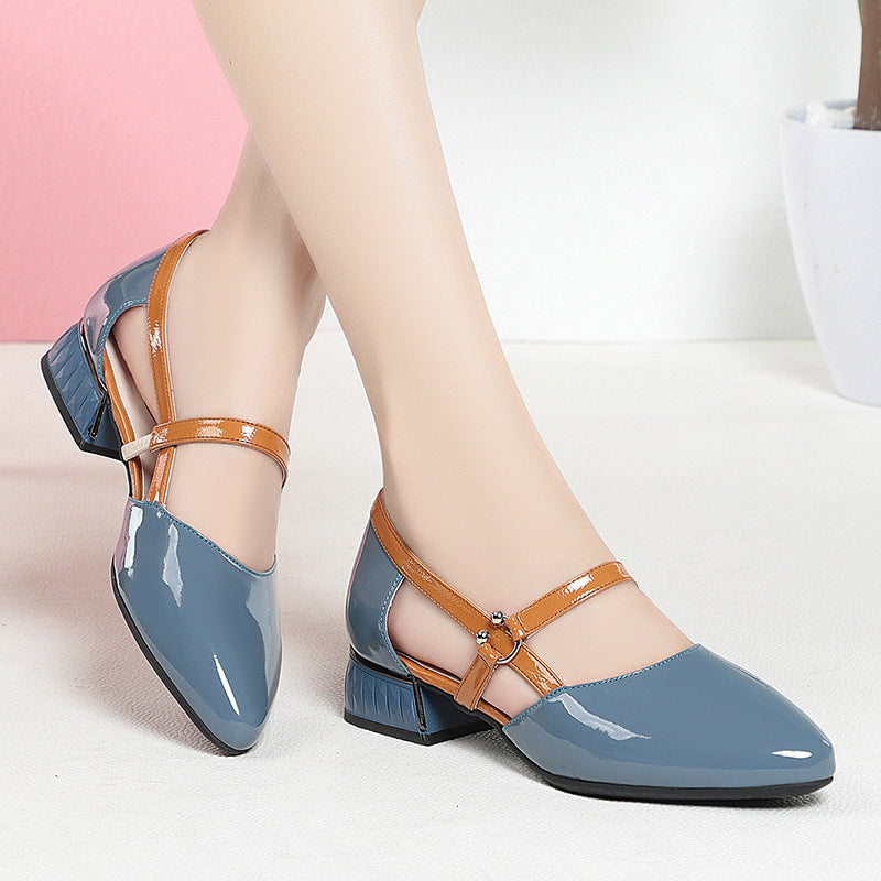 Bright Leather Soft Bottom Contrast Color Hollow Leather Shoes Women's Sandals