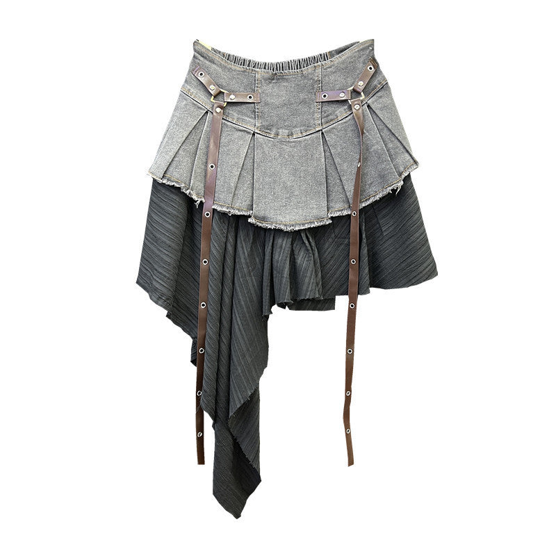 Retro Patchwork Denim Pleated Skirt